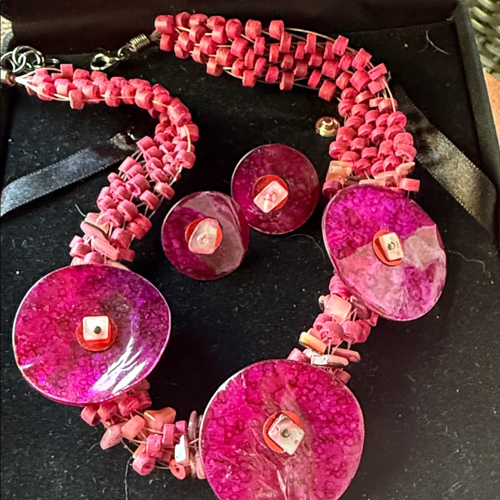 Pink Beaded Necklace and Earring Set
